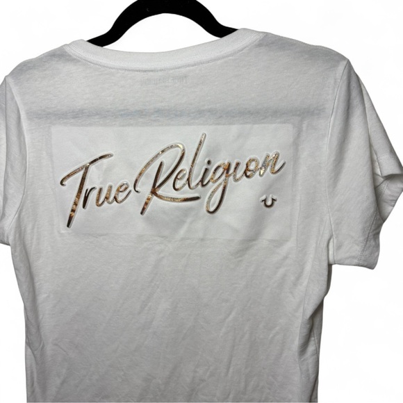 True Religion White V-Neck Logo Tee | Iridescent Graphic | Size Large - Picture 5 of 7
